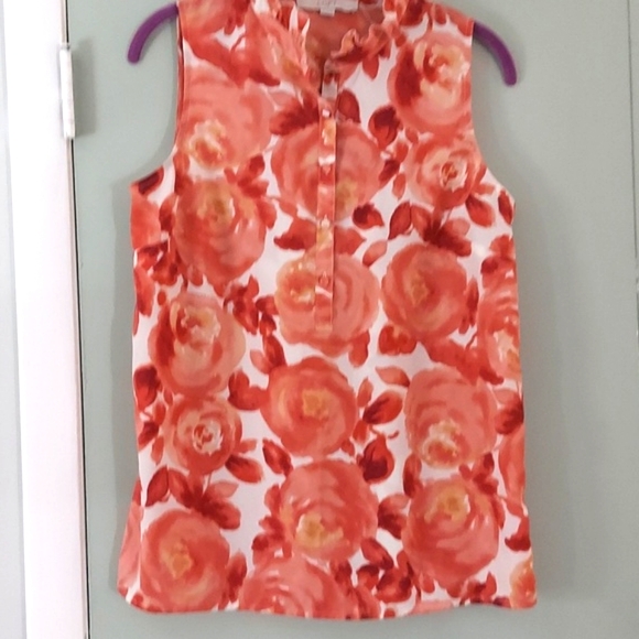 LOFT Tops - LOFT Ann Taylor Burnt Orange floral Ruffle neckline button Sleeveless Blouse M